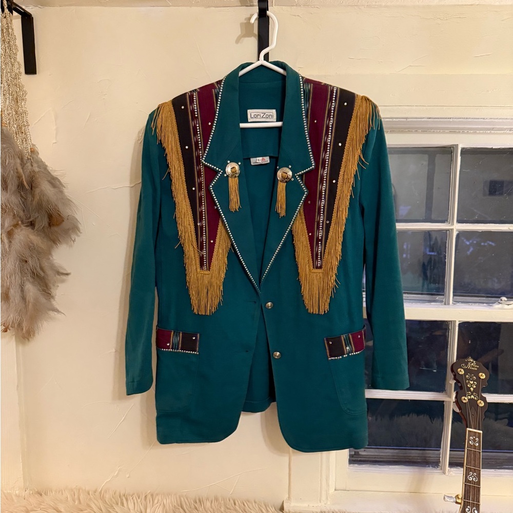 Men’s Green Western Blazer with Fringe and Embellishments